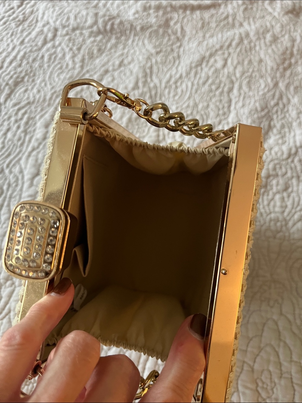 Woven Mini Box Bag in Black & Cream with Gold Chain - Picture 2 of 5